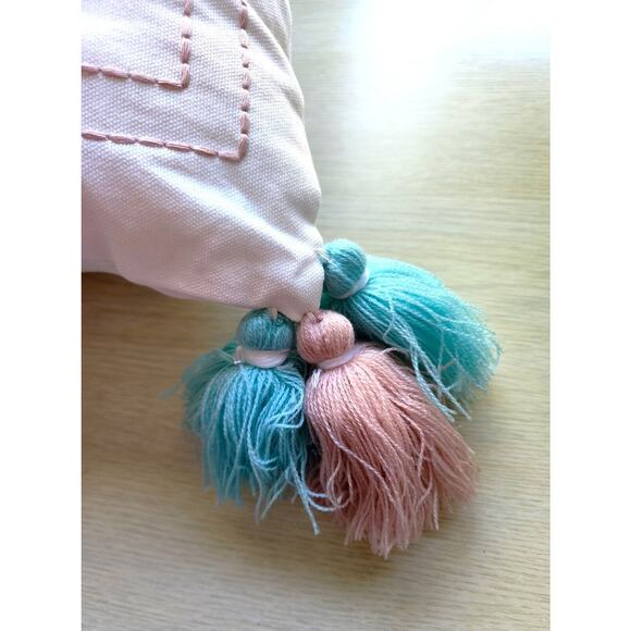 THROW PILLOW-COASTAL HOME-Embroidery-Birds-Folk Design-Tassles-Large-17" x 17" - Picture 5 of 14